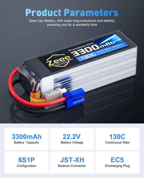 Beefed Up 6S 3300mAh 130C LiPo Battery Ultra Low IR Soft Pack EC5 Connector showcasing product parameters for RC models.