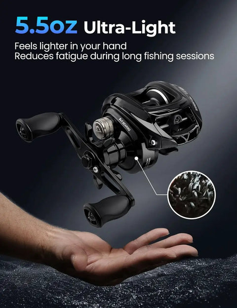 Torrent Lite Ultra Light Baitcasting Reel With Carbon Body, 5.5 Oz Lightweight Build displayed above an open hand