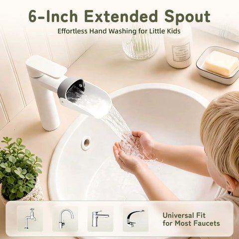 Child using 6-inch extended spout for easy hand washing at bathroom sink featuring flowing water, ideal for toddlers.