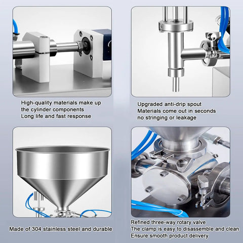 Close-up details of the Badass Heavy Duty Smooth Running Horizontal Pneumatic Liquid Filling Machine With 30L Hopper components.