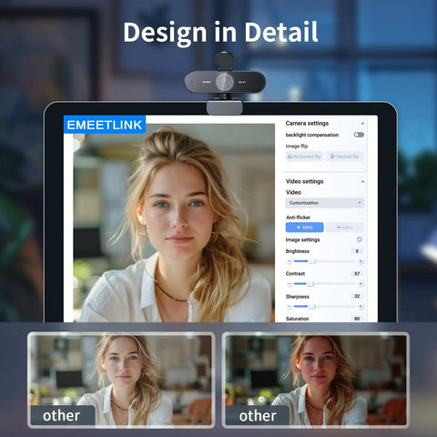 Hassle Free 4K Webcam For PC With Smart Optical Tracking And Dual Noise Cutting Mics Plug And Play Streaming Gear setup on laptop screen.