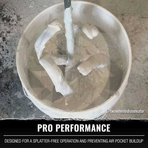 Pro Grade Paint And Drywall Mud Mixer With Extra Long 28 Inch Shaft And 4 Inch Paddle Head Patent Pending Splatter Free Operation And Reduced Drag On Your Drill Heavy Duty Drill Attachment For Smooth Finishes On The Job being used in a bucket of drywall mud.