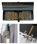 115 Piece Heavy Duty Drill Bit Set For Metal Wood And Plastic Includes Twist Jobber Bits From 1/64 Inch To 1/2 Inch Plus Alphabet And Number Sizes Packaged In Nifty Indexed Case open case with gold drill bits