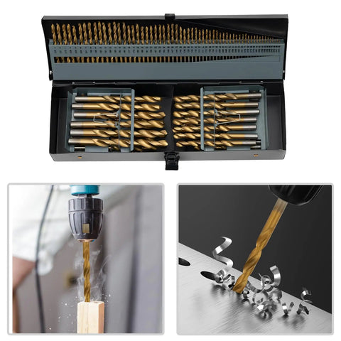 115 Piece Heavy Duty Drill Bit Set For Metal Wood And Plastic Includes Twist Jobber Bits From 1/64 Inch To 1/2 Inch Plus Alphabet And Number Sizes Packaged In Nifty Indexed Case open case with gold drill bits