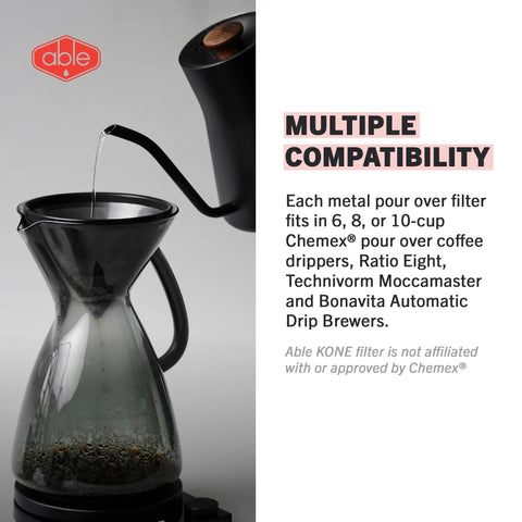 Reusable Stainless Steel Coffee Filter For Chemex demonstration with kettle pouring water into carafe