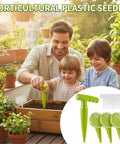 Man and children planting in garden using 14 Pcs Seed Dispenser Set for Garden Hand Planter and Seeder Tool with Dibber.