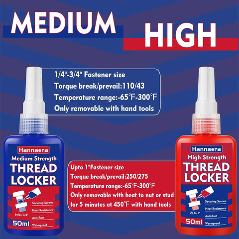 Blue And Red Thread Locker Kit For Nuts Bolts And Metal Fasteners, Medium And High Strength, Seals Against Leaks, 50 Ml Each, 2 Pack