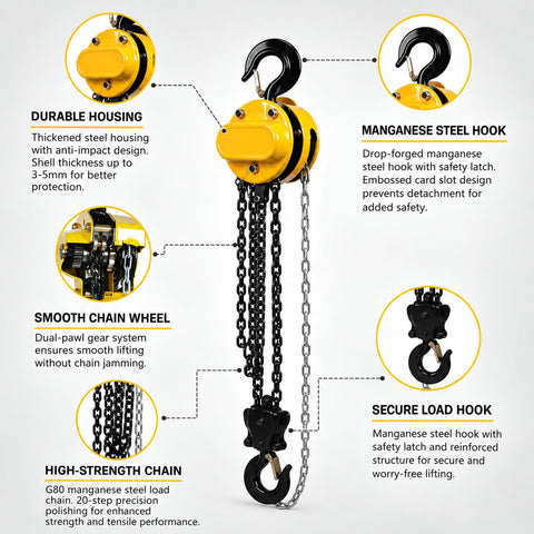 Portable Adjustable Aluminum Gantry Crane with 2 Ton Chain Hoist featuring durable housing, smooth chain wheel, and secure load hook.