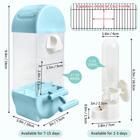 No Sweat Automatic Bird Feeder And Water Dispenser For Cages Spill Proof Transparent Container, blue, 800ml seed, 150ml water, 9.4in tall.