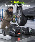 Mechanic using Beefy Cordless Impact Wrench 2000Nm Brushless High Torque One Half Inch Drive, 18V Power Tool with dual 5000mAh batteries charging nearby