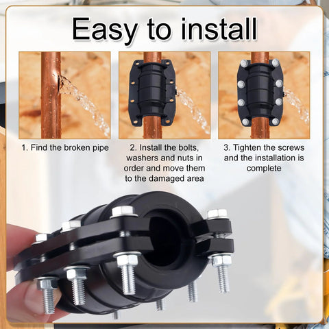 Pipe repair clamp, 1-inch diameter; black plastic body installed on copper pipe with bolts and washers