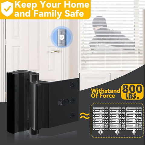 Heavy Duty Door Reinforcement Lock For Inward Swinging Doors Withstand 800 Lbs 8 Screws For Solid Mount in black color on a door