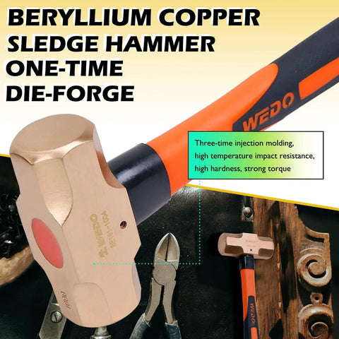 Beryllium copper sledge hammer with orange handle from No Spark 36 Piece Tool Set Spark Free Safety Kit With Wrenches Pliers Screwdrivers Hammers And Knives In Non Magnetic Case, Corrosion Resistant Build, DIN And GB Standards Compliant, Built With Beryllium Copper