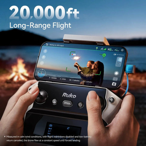 Close-up of Pro Grade Drone With 48MP 8K Photo Sensor showing 20,000 ft range on remote display by a campfire