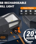 Close-up of USB-C rechargeable grill light for Blackstone Griddle and Weber Grill showing power display and charging port.