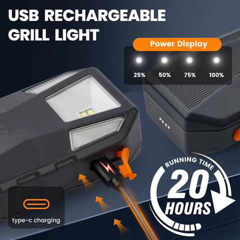 Close-up of USB-C rechargeable grill light for Blackstone Griddle and Weber Grill showing power display and charging port.