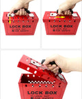 Lockout Tagout Box Kit with 10 Keyed LOTO Locks, Portable 12 Slot Group Lock Box in Red, heavy duty steel construction.