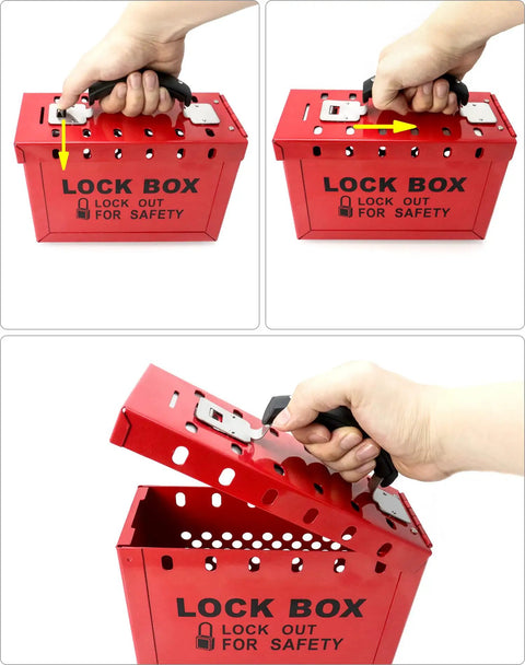 Real Heavy Duty Steel Lockout Tagout Group Lock Box 4 Pack With 12 Padlock Slots Built Like A Tank For Crew Safety And Site Compliance Boss Approved Red Workstation For Everyday Grind, showing handle and opening mechanism.