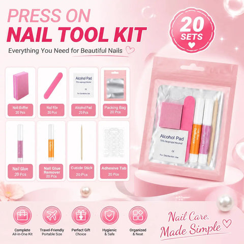 20 Piece Disposable Press On Nail Prep Kit with Files and Buffers Nail Glue and Remover with Alcohol Pad and Bag
