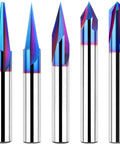 CNC Wood Carving Router Bit Set With One Quarter Inch Shank 15 Degree Detail Liner 20 Degree Profile Bit Plus 30 Degree 60 Degree And 90 Degree V Groove Bits Solid Carbide With Nano Blue Coating For Heat Resistance Max RPM 24000 For DIYers