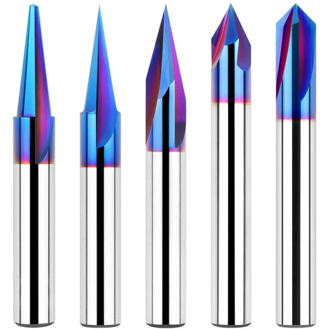 CNC Wood Carving Router Bit Set With One Quarter Inch Shank 15 Degree Detail Liner 20 Degree Profile Bit Plus 30 Degree 60 Degree And 90 Degree V Groove Bits Solid Carbide With Nano Blue Coating For Heat Resistance Max RPM 24000 For DIYers