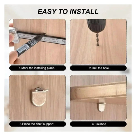 Installation steps for Heavy Duty L Shaped Shelf Support Pegs Set with drill and ruler.