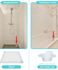 Image of Standing Shower and Tub/Shower Combo showcasing 25 Pack Disposable Shower Drain Hair Catcher Peel And Stick Drain Strainer To Catch That Hair Quick And Stop Pesky Clogs Fast With Heavy Duty Waterproof Adhesive For Bathroom And Tub 6 Inch Square Cover.