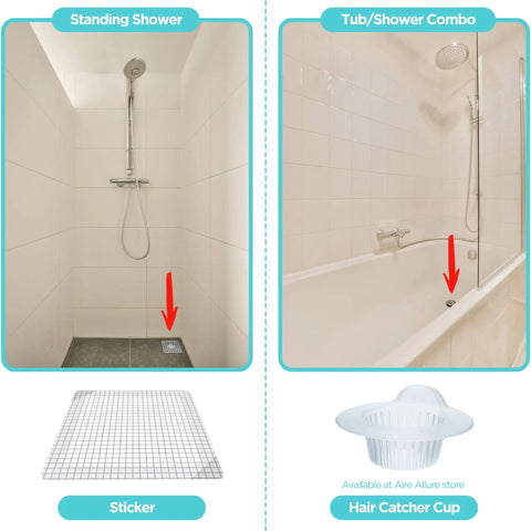Image of Standing Shower and Tub/Shower Combo showcasing 25 Pack Disposable Shower Drain Hair Catcher Peel And Stick Drain Strainer To Catch That Hair Quick And Stop Pesky Clogs Fast With Heavy Duty Waterproof Adhesive For Bathroom And Tub 6 Inch Square Cover.