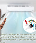 Person using a remote for air conditioner with inset showing 5 Piece Air Conditioner Fin Cleaner Set With 3 Fin Straighteners And 2 Condenser Brushes