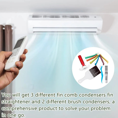 Person using a remote for air conditioner with inset showing 5 Piece Air Conditioner Fin Cleaner Set With 3 Fin Straighteners And 2 Condenser Brushes