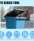 Straight Up Stainless Steel Trash Can Lid Prop Keeps Your Garbage Bin Open For Spotless Hands Free Waste Sorting Delivers Game Changing Ease To Wheelchair Riders on a blue outdoor bin.