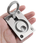 Set Of 2 Flush Mount Ring Pull Handles In Stainless Steel 304 held in hand, showing recessed design and satin brushed finish