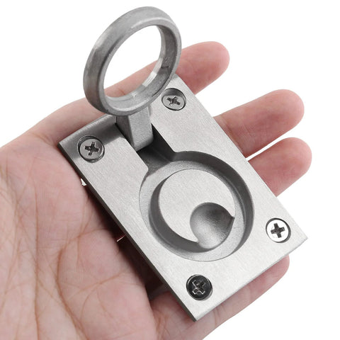 Set Of 2 Flush Mount Ring Pull Handles In Stainless Steel 304 held in hand, showing recessed design and satin brushed finish