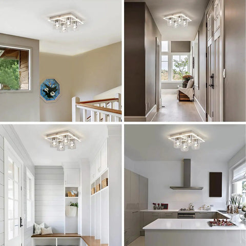 Flush Mount Crystal Ceiling Light With 4 LED Bulbs Brushed Nickel Finish Clear Glass Shade in various room settings