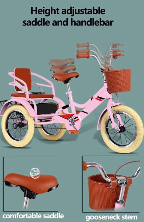 Pink trike with adjustable saddle and handlebar, featuring baskets, ideal for ages 2-10 for Kid Friendly Outdoor Cruiser Trike.