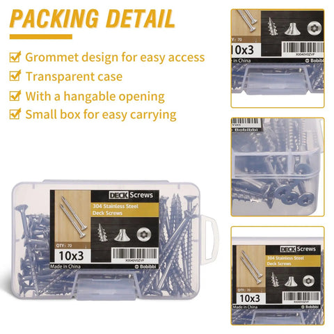 Heavy Duty Stainless Steel 304 Wood Deck Screws, 3 Inch Flat Head With T25 Torx Drive in transparent plastic case