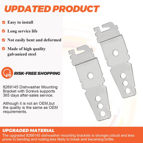 2 Pack Dishwasher Mounting Brackets With Screws For Whirlpool Kenmore KitchenAid Undercounter Dishwashers Replaces WP8269145 WP8269145VP, galvanized steel brackets displayed side by side.