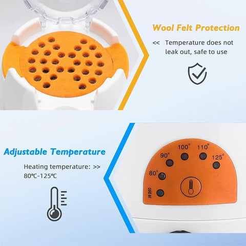 Real Deal Eyeglass Frame Heater With 70 To 130 Fahrenheit Hot Air Glass Warmer Smooth Operating Wind Cover showing wool felt and temperature settings.