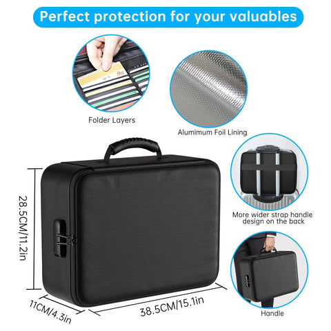 Go To Fireproof Document Bag With Lock 5200F Heat Resistant Safe Storage For Important Documents Passports And Laptop 8 Layer Insulated File Organizer Portable Home Travel Safe Water Resistant Black showing dimensions, aluminum foil lining, and handle design
