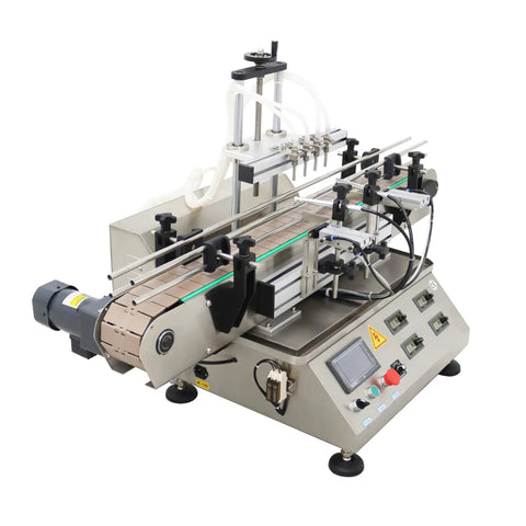 Top Shelf Automatic Pneumatic Filling Machine With Magnetic Pump And Four Head Desktop Setup with stainless steel build and conveyor.