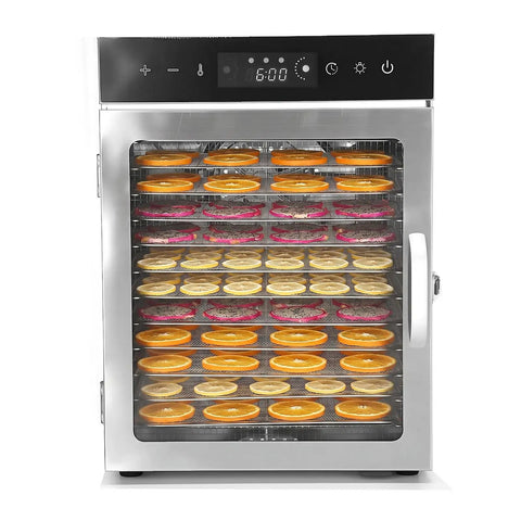 Top Shelf Electric Food Dehydrator Featuring Slick Twelve Tray Layout And Rock Solid Dual Fan Setup Built As A Total Game Changer To Dry Fruit Herbs And Jerky, filled with dried citrus slices on multiple racks.