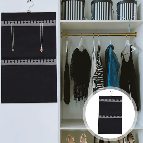 Double Sided Felt Hanging Jewelry Organizer Bag Built To Carry All Your Necklaces And Rings Slick Travel Case on closet wall