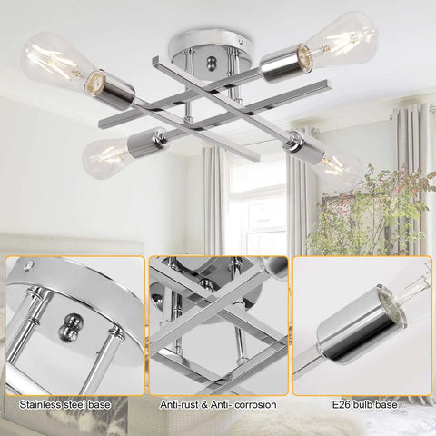 Semi Flush Mount 4 Light Sputnik Chandelier For Kitchen Island Living Room Dining Room Bedroom Hallway Dope With E26 Base Matte Black Finish Modern Rustic Farmhouse Ceiling Light in chrome with E26 bulbs and stainless steel base