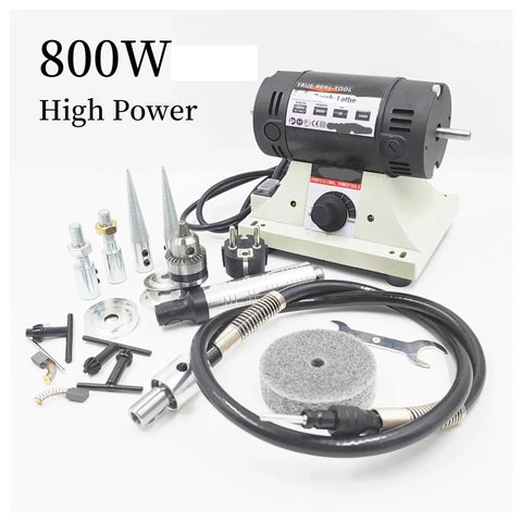 Heavy Duty 800W Bench Jewelry Polisher And Grinder with various attachments and tools for precise metal and woodworking tasks.