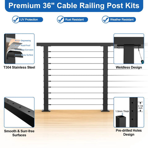 Surface Mount Cable Railing Kit With Black T316 Stainless Steel Rope Flat Top Posts And Swageless Fittings For Straight Up Solid Deck Guardrails No Sweat Heavy Duty DIY Installation, featuring 36-inch posts and UV protection.
