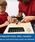 Man and child using Stainless Steel Drill Bit Gauge With 29 Holes, 1/16 Inch To 1/2 Inch Size Guide In 1/64 Inch Increments.