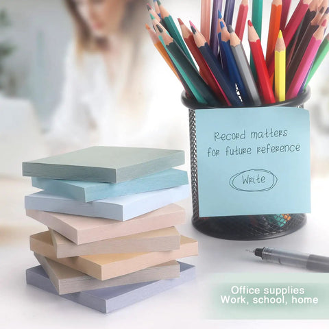 3x3 Inch Sticky Notes 8 Pads Per Pack Dope Vintage Colors beside colored pencils and pen