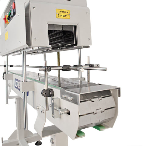 Commercial Heat Shrink Tunnel Packaging Machine Heavy Duty All Metal Frame warms up quick with rollers for 4 to 16 inch containers.