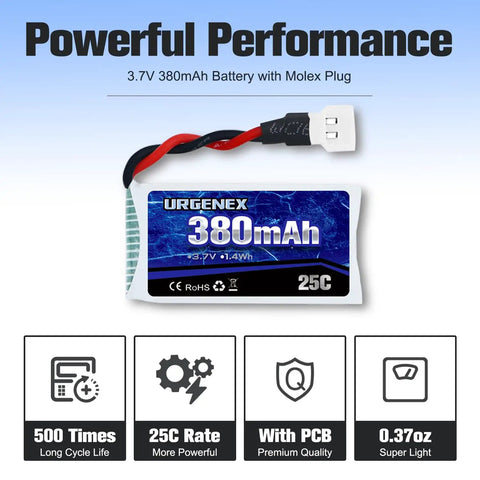 3.7V 380mAh 25C LiPo battery with Molex plug for drones, highlighted performance details, part of 5 Pack 3.7V 380mAh Drone Batteries 25C 1S LiPo With 5In1 Charger Power Up Your SYMA Q11 AT-96 TR-C385 TR-P51 TR-F22 H99W H31 H6C H98 HS170G HS170 HS170C HS230 Holy Stone