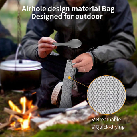 Person with Ultralight Titanium 2 In 1 Fork And Spoon Spork For Camping 2 Pack Eco Friendly Backpacking Utensil by campfire
